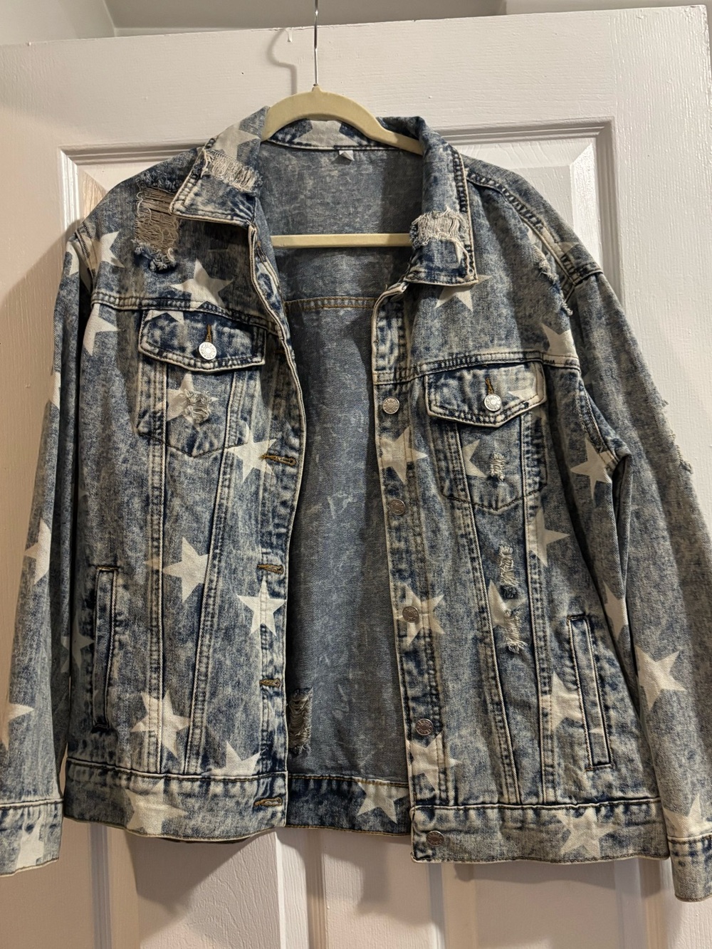 Star Print Acid Wash Denim Jacket - Blue & White